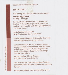 Einladung - Gedenkzeichen Martha Wygodzinski
